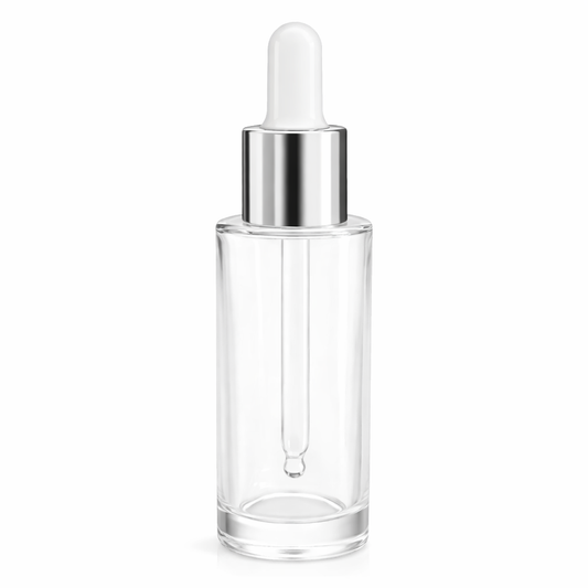 30ml Clear Flat Shoulder Glass Dropper Bottle with Silver White Pipette Pack Of 100 Units