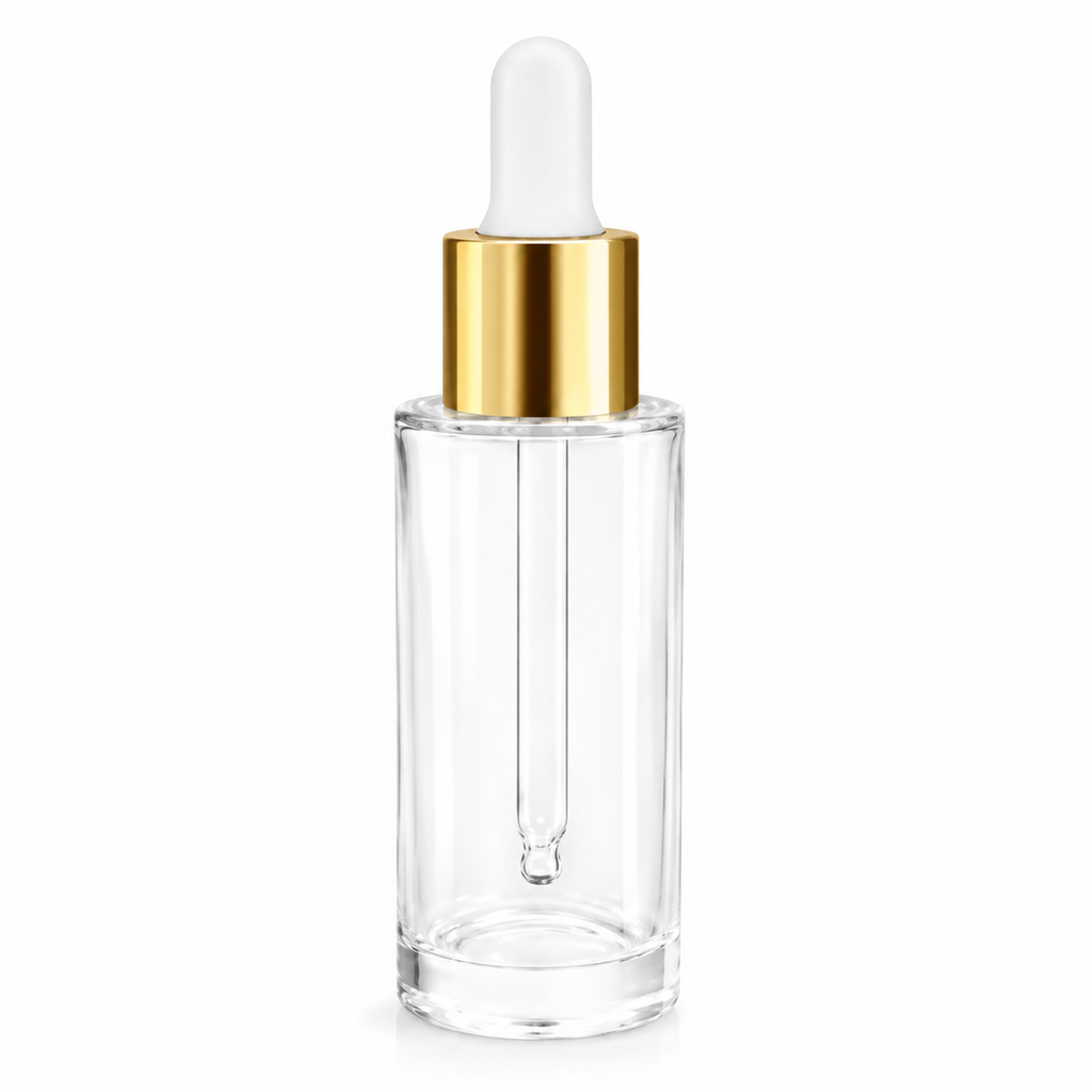 30ml Clear Shoulder Glass Dropper Bottle with Gold White Pipette Pack Of 115 Units